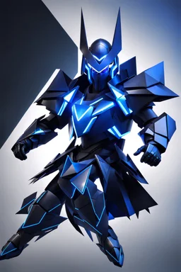 neon blue, flying parts of armor in form of triangles, cyber armor, geometric patterns on armor, male, orbiting triangle