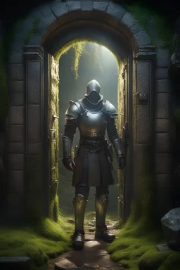 A adventurer, dressed in leather and metal armor, opening the door of a ancient crypt,moss growing around, cinematic lighting,ray tracing,in the style of Chris Becker