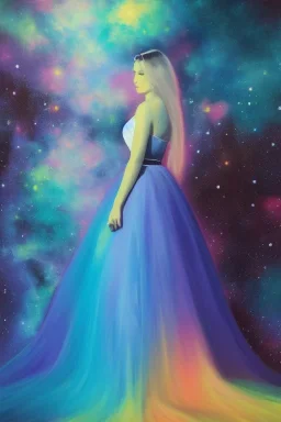 Full body portrait, painting, medium shot lady Spacecore background volumetric money