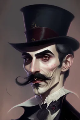 Strahd von Zarovich with a handlebar mustache wearing a top hat blushing