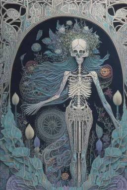 Artwork entitled "Skull Moon Pond Goddess " depicts a partially skeletonized Pond Goddess wearing a gown made from detailed quilling consisting of feathers, foliage, fish scales, flowers, and gemstones appearing inside an archway of quilling growing around her and the skull moon; insanely detailed; quilling; elegant, fantasy, rose tones, beautiful, rapturous