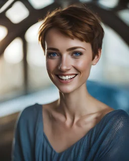 beautiful lady, (freckles), big smile, blue eyes, short hair, dark makeup, hyperdetailed photography, soft light, head and shoulders portrait, cover