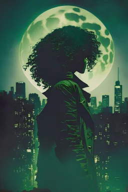 A dark, moody cover featuring a silhouette of a woman with curly hair wearing an old green army jacket, cityscapes, full moon,