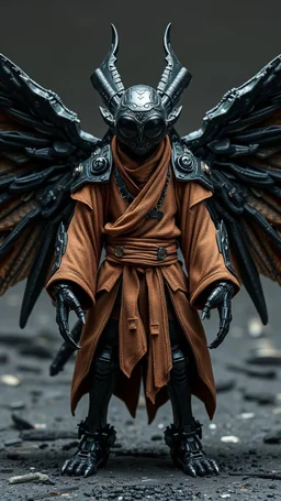 A centering dynamic view action showcasing the fusion of figma and Neumorphic elements, depicting a fully fantasy of an alien with wings down Its intricate mechanisms are driven by interlocking robes and complex fabrics casual outfit embedded throughout its massive figma frame. Stance on black mechtech battlefields abandone Dojo. And the face is big with big eyes looking straight to the camera