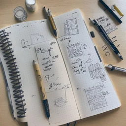 A bulletjournal with drawings and writing on a table with drawing tools