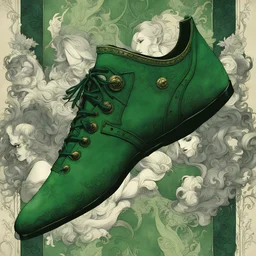 create simple women's handmade Baroque style shoes , in fine green suede leather, illustrated in the comic book style of Bill Sienkiewicz and Frank Miller, highly detailed, 4k