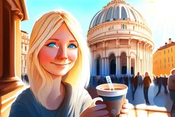 contented cute blonde blue eyed chibi woman drinking coffee in Rome in sunshine