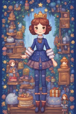The nutcracker, a kind of girl with blue tones and patterns, stardew, valley style
