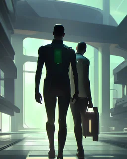 An android walks a man, in fantasticsl, futuristic setting,highly detailed, in the style of Chardin