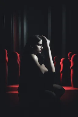 Image of a woman sitting alone, surrounded by shadowy figures whispering in her ear, suggesting the influence of manipulation and dark psychology on individual perceptions of attractiveness Give it a very dark frightening vibe. Use black and red theme.