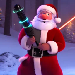 Santa battles a huge snow monster with lightsaber