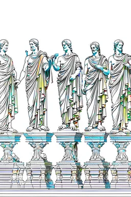 Architecture of ancient Rome of the II century AD Statues of ancient Roman gods contour reconstruction. The drawing is linear, in the style of vector graphics, black and white. High image quality in 8K