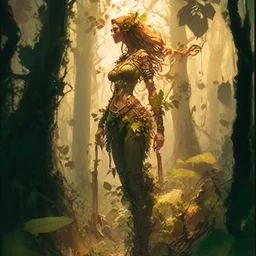 create a full body portrait of a forest dryad enchantress , with highly detailed, sharply lined facial features, in the deep forest of Brokilon in rustic woodland colors, 4k in the style of Peter Mohrbacher