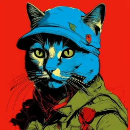 cat with shark mask hat solana war in the trenches armed style in the style of warhol