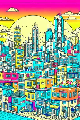 An illustration about a caotic city with a lot of elements using online 2 colors