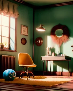 Room scene with simple hair monster, Wes Anderson style, realistic photo, sweet, concept art, smooth, unreal engine 5, god lights, ray tracing, RTX, lumen lighting, ultra detail, volumetric lighting, 3d.