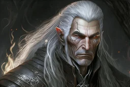 ancient grizzled, gnarled elf mage, he has long, grey hair streaked with black, highly detailed facial features, and sharp cheekbones. His eyes are black. He wears weathered medieval leather clothes. he is lean and tall, with pale skin, full body with thigh high leather boots and has a dark malevolent aura within swirling maelstrom of ethereal chaos in the comic book style of Bill Sienkiewicz and Jean Giraud Moebius in ink wash and watercolor