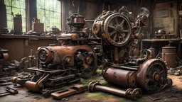 Rasenmäher reparieren. Seltsame, fantastische, heruntergekommene magische Steampunk-Werkstatt, Haufen alter mechanischer Rasenmäher demontiert und repariert, Staub, Schmutz, Grasschnitt, Spinnweben, Öl, Trümmer, faszinierende, komplizierte mechanische Werkzeuge, kleine Mikroroboter, erstaunliche Technik, preisgekröntes Foto, extrem Detaillierte, wunderschöne Komposition, Meisterwerk, Fotorealismus, weiches, natürliches, volumetrisches, perfektes Licht, Hell-Dunkel, Heath Robinson, Escher, Disney