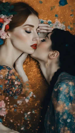 Masterpiece, fine art, award winning, "like Gustav Klimt : the Kiss in a chair" 2 w, RAW photo, eye candy in the style of (petra collins::Robin Eley:1.5), (Suhaila Ben Lachhab::Heidi Moussa:1.5) in breathtaking cinematic shot (full body shot, from below angle) that emphasizes the stunning cheek bones, texturized black hair,(big detailed eyes:1.5) (cottagecore aesthetic:5) with extreme sensuality, Irresistible with (porcelain skin:4.8), sitting on an old chair, retro vintage style