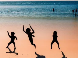 children jumping in water on a beach capture them against the sun and make an art silhouette, hyper details, real sharp, 8k, well detailed, well shaped