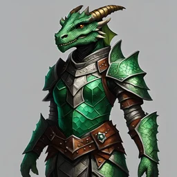 dnd, female dragonborn, emerald dragonborn, plate armor, small dragon tail, gem on chest