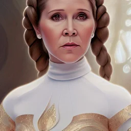 hyperspace background, complete and photo realistic detailed head to waist stunning photo realistic portrait of carrie fisher as Princess Leia in star wars with photo realistic hairstyle by Mandy Jurgens and mucha and Richard Schmid and chuck close and chie yoshii, extraordinary and detailed ceremony dress of star wars,brown eyes
