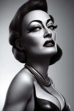 Joan Crawford as evil queen in black leather, busty, cleavage, dominatrix, curvy, angry, stern look. unreal 5, octane render, cinema4d, dynamic lighting, dramatic lighting, 4k, redshift render, highly detailed, hyper realistic,anthropomorphic