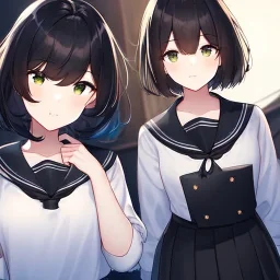 Clear focus, High resolution, fluffy black short hair, dark green eyes, wearing a black sailor uniform and pleated black skirt, fluffy hair, detailed outfit