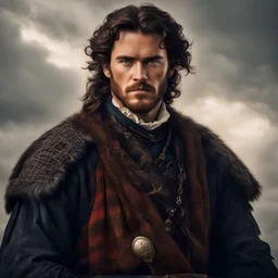 Imagine riding on horseback a 17th century Scottish Highlander, his dark hair flowing to his shoulders, his piercing brown eyes reflecting his unwavering determination and charm. Dressed in traditional Scottish attire.