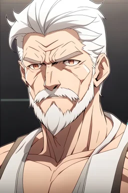 Anime Man main character with white hair, with lite clothes , too much muscles, serious aged 42 , without beard, does not have beard