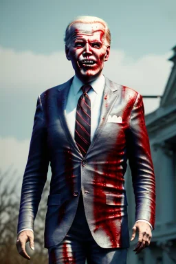 Ultra realistic image, joe biden zombie, zombie performance, suit, skull, blood, torn arm, night, walking twisted, waist up view, thriller style, dark ambient, highly detailed, White House background, concept art, unreal engine 5, god rays, ray tracing, RTX, focal lighting, ultra detail, volumetric lighting, 3d, finely drawn, high definition, high resolution.