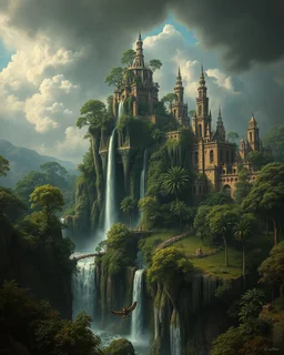 Bosch painting style, nightmare , the hanging gardens of Babylon, trees, building waterfalls , great quality picture with cinematic scenes , heavy clouds in the background