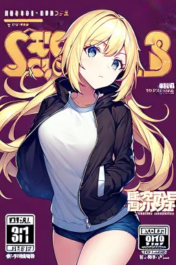 blonde girl with hair with two tails waring jacket, line arts, manga cover