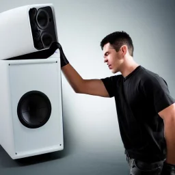 man punching huge speaker as if speaker is mega