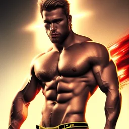 Ignore NSFW, teenager young rugged attractive slightly muscular fantasticly handsome blonde man, red briefs with yellow belt, hairy chest, (((visibly pisssing))) briefs, large erect visible boner peniss, photorealistic, artist Jay Anacleto, soft lighting, scruffy beard