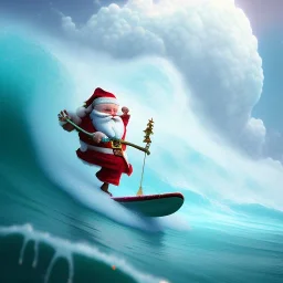 Santa surfing a big wave, surfboard, beach, character design by cory loftis, fenghua zhong, ryohei hase, ismail inceoglu and ruan jia. unreal engine 5, artistic lighting, highly detailed, photorealistic, fantasy