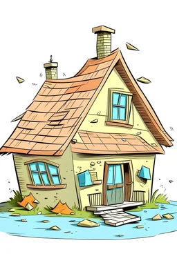 a cartoon house where the roof fell in