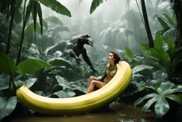 [very impressive high res masterpiece in Kodak Eastman 5247, scene by László Krasznahorkai] the female alien explorer straddles a giant banana in the wet jungle, riding the long fruit with happyness
