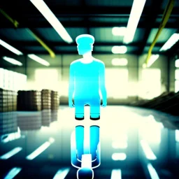 an transparent glas man with legs and shoes, in a factory, nobody cares about the empty glas, that is why he is so sad :(