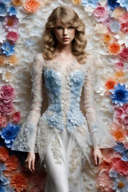 photograph super star singer Taylor Swift wears quantum deity intricate origami flowers detailed quilling paper translucent plastic clothing, mixed media impressionism, fine arts and crafts, intricate embroidery, rococo spirtualism intricate details, highly detailed, cinematography