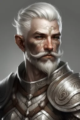 45-year old warrior, salt and pepper hair, short beard, short hair, fantasy, elven, cartoon, scale-mail