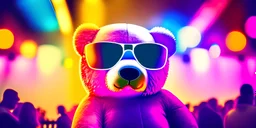 big cute Teddy bear at a busy disco wearing sunglasses. clarity. High detail.