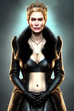 Cersei Lannister as evil queen in black leather and fur, busty, cleavage, curvy, lena headay, angry, stern look. character design by cory loftis, fenghua zhong, ryohei hase, ismail inceoglu and ruan jia. unreal engine 5, artistic lighting, highly detailed, photorealistic, fantasy