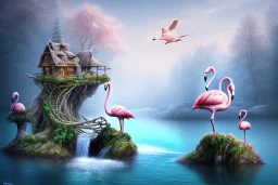 island waterfall old tree twigs rope bridge birds flamingos