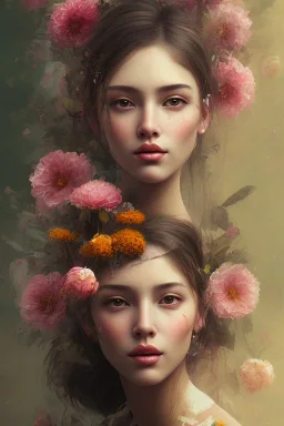 painting of flowers and beautiful girl portrait, scaffolding, decay, mixed media, textured, anatomically correct, beautiful perfect face, sharp focus, highly detailed