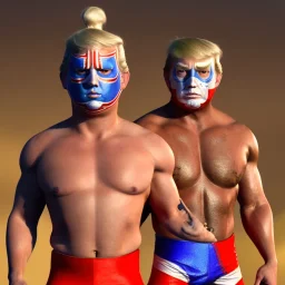 Realistic image of Donald trump wrestler, Mexican wrestling style, Mexican wrestling mask for eyes, red and blue breeches, glow us flag dress, suspenders, retro style, 80s, vibrant color, highly detailed, sky background, concept art, unreal engine 5, god rays, ray tracing, RTX, lumen lighting, ultra detail, volumetric lighting, 3d, finely drawn, high definition, high resolution.