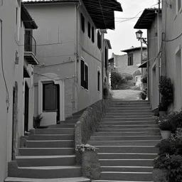 Calle de un pueblo de una isla italiana en verano, con escalinata, fotografía real, fotografía realizada con cámara Leica y objetivo de 50 mm, siguiendo estilo de la serie 'Ripley' emitida en Netflix, fotografía en blanco y negro, virada tonos años 50