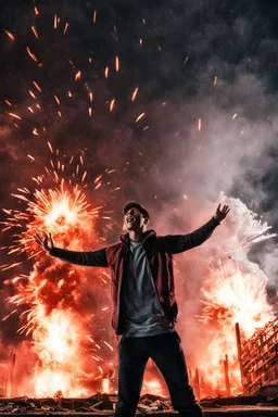 Young man standing, with arms raised, in front of an exploding building at night, with red lightening around him