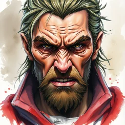 dnd, fantasy, watercolour, large strokes, stylistic, portrait, illustration, artistic, professional illlustration, male, face, weathered face, sly, violent, evil, vigorous, rogue, criminal