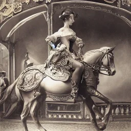 beautiful woman sitting on ultra-detailed carousel horse, 1800s, chiaroscuro lighting , 8k UHD, matte painting, illustration, renaissance, artwork, high-quality, intricate detail, rocco, greg rutowski, howard lyon, alphonse mucha